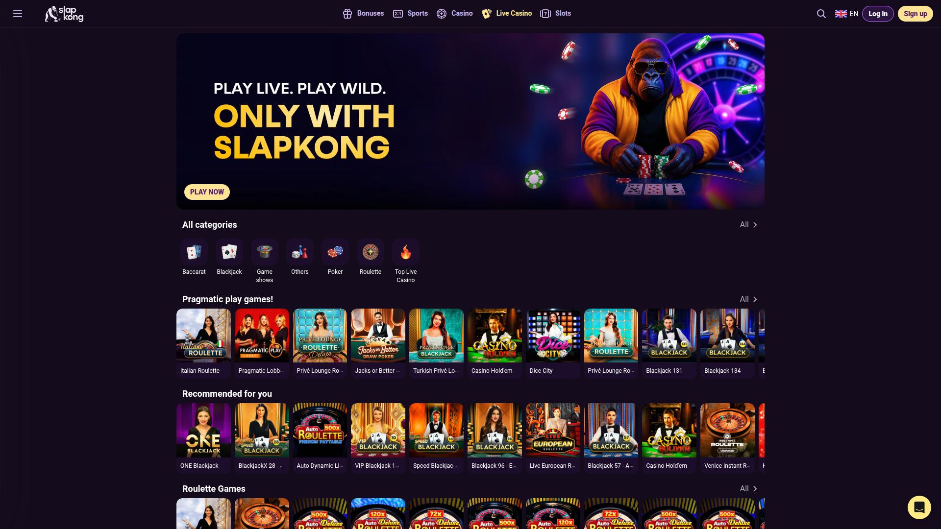 Casino SlapKong avec croupier en direct sur ordinateur