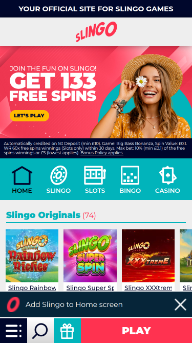 Slingo Casino mobile Startseite