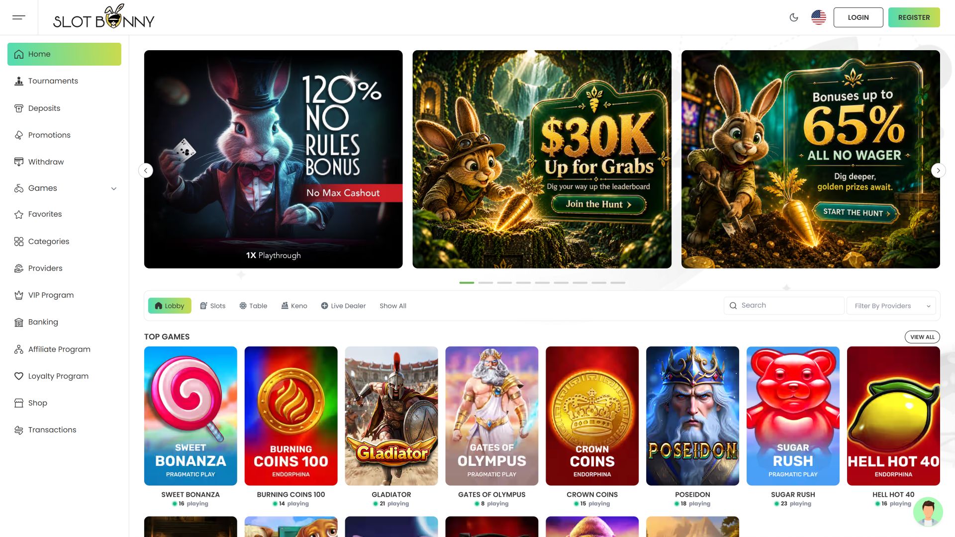 Página de inicio de escritorio del casino Slot Bunny
