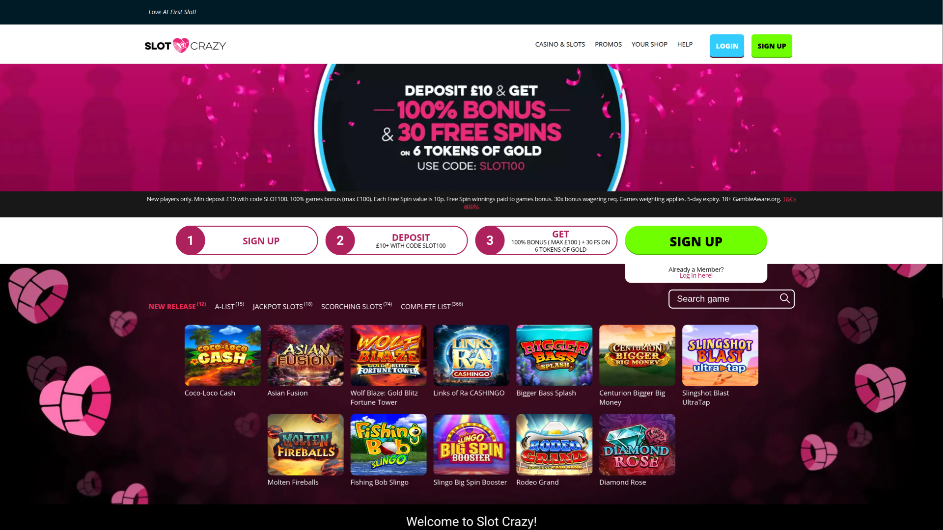 Página de inicio de Slot Crazy Casino en escritorio