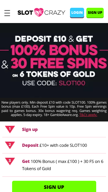 Página de inicio de Slot Crazy Casino móvil