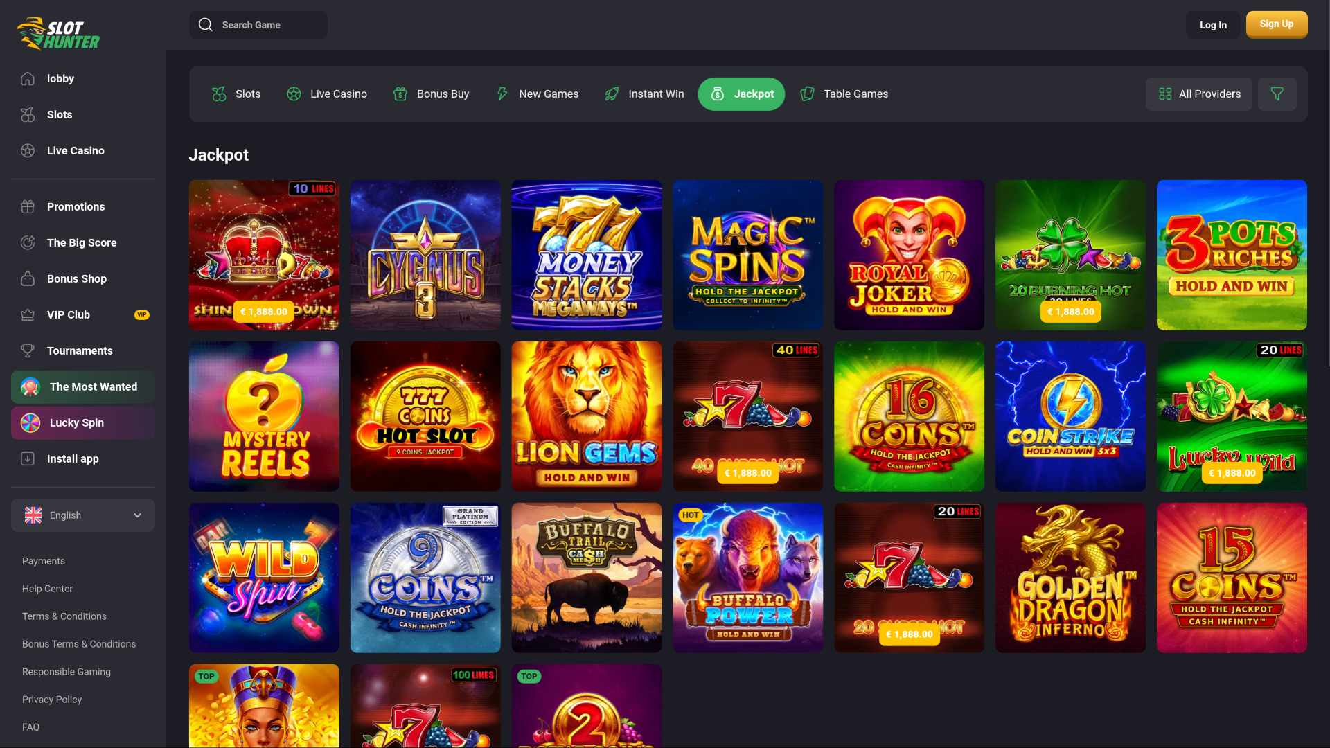 Jackpot de Slot Hunter Casino sur bureau