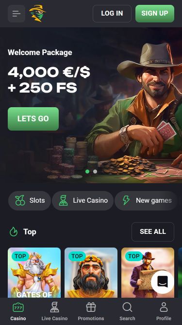 Page d'accueil mobile du casino Slot Hunter