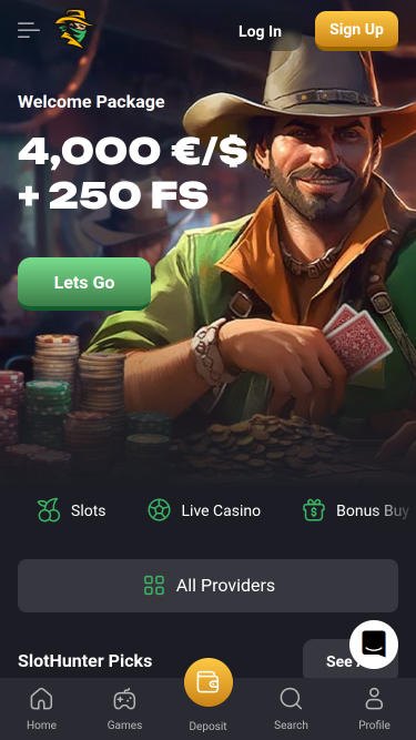 Page d'accueil mobile de Slot Hunter Casino