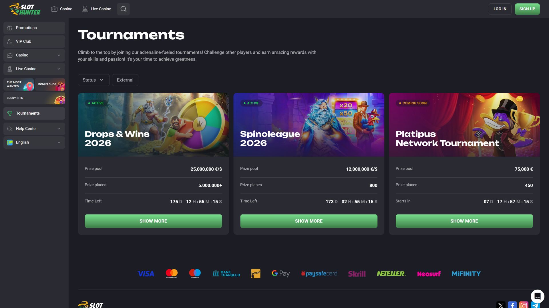 Tournois de casino Slot Hunter sur ordinateur