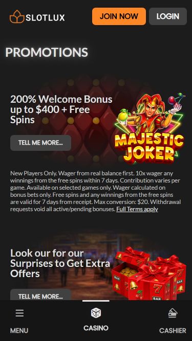 Promoções do Slot Lux Casino para dispositivos móveis