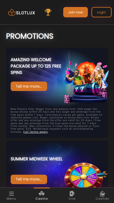 Promotions mobiles de Slot Lux Casino