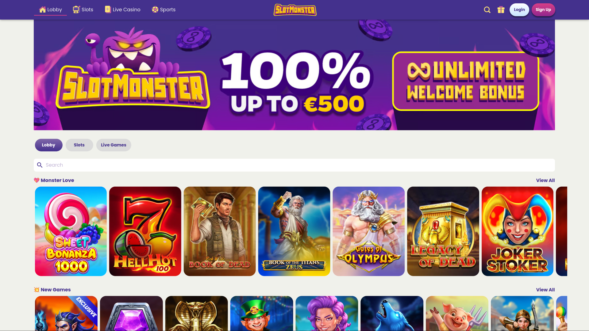 Homepage desktop di Slot Monster Casino