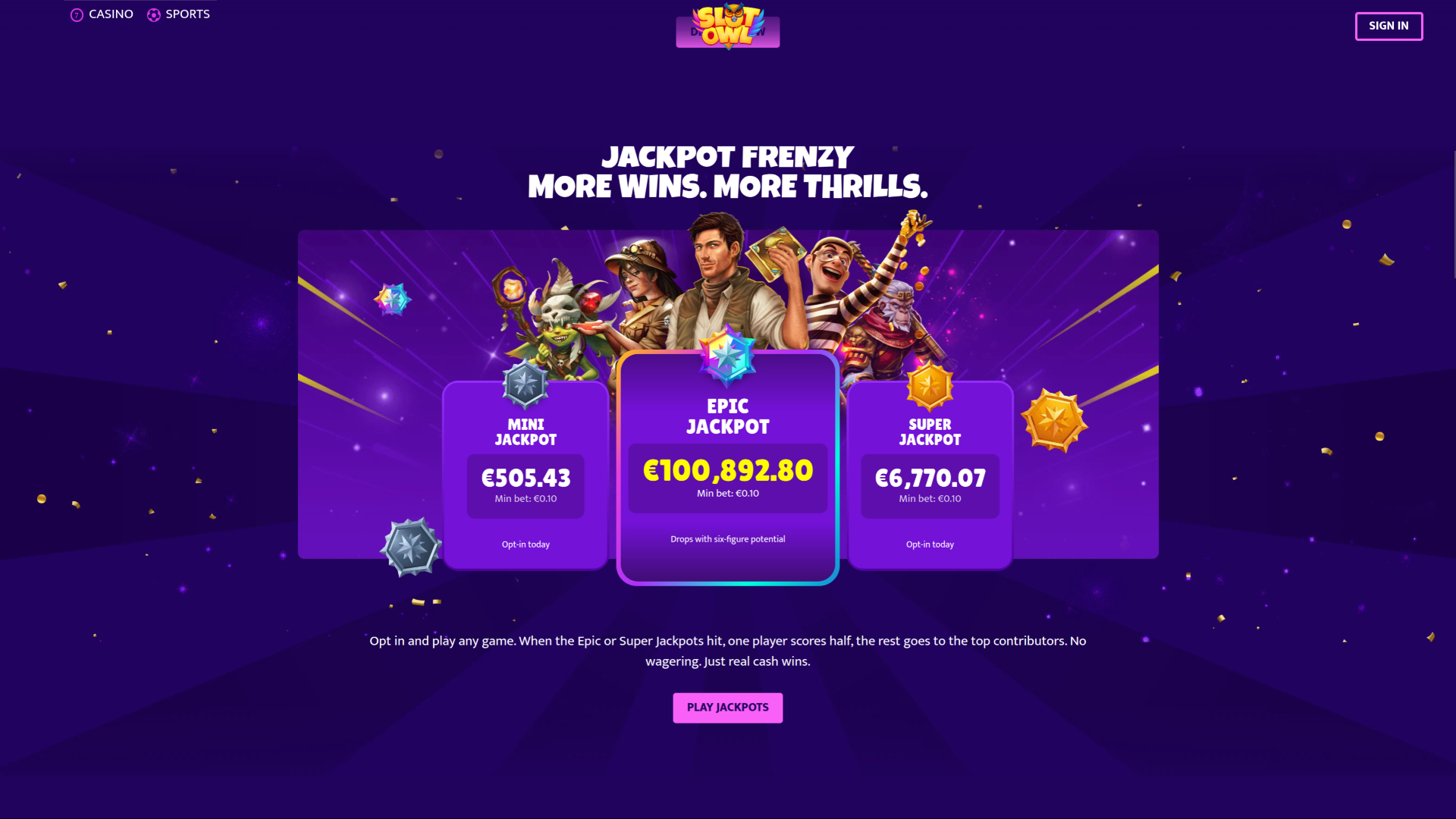 Jackpot sur bureau de Slot Owl Casino