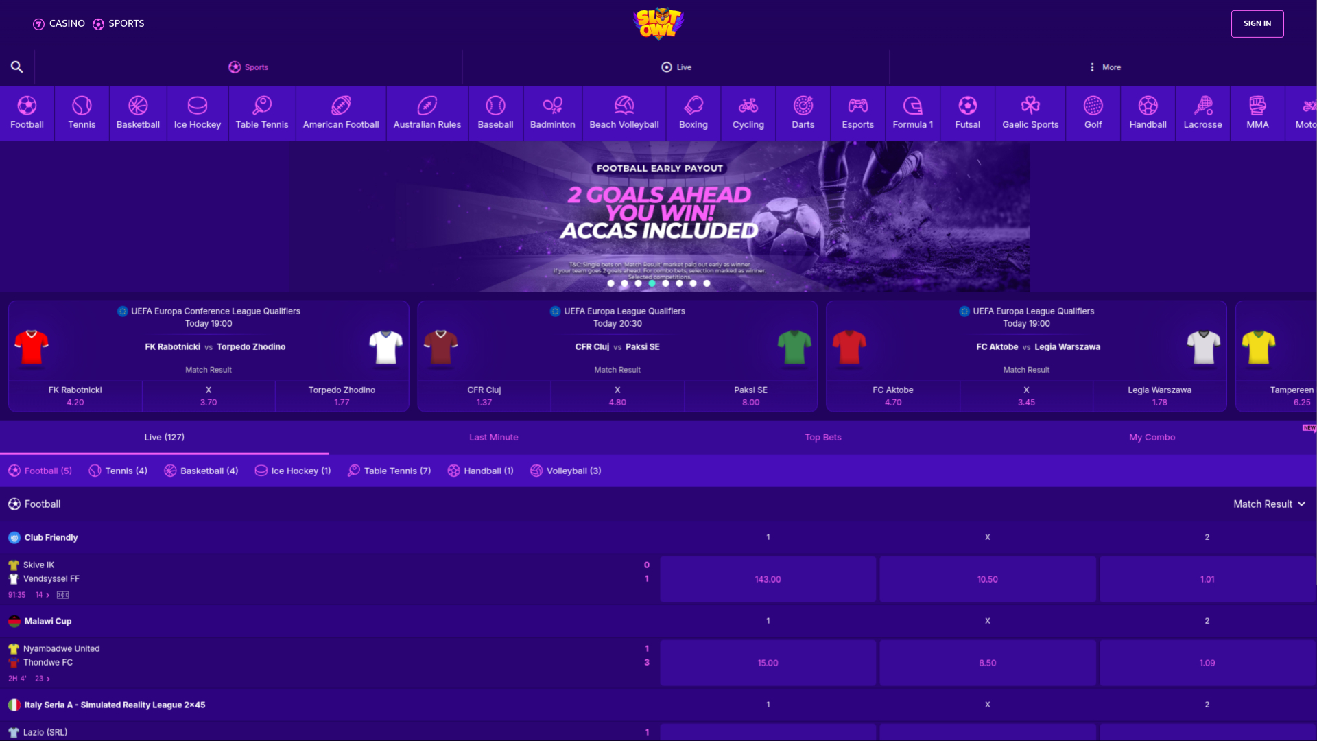 Sports sur bureau de Slot Owl Casino