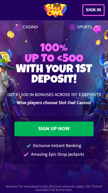 Page d'accueil mobile de Slot Owl Casino