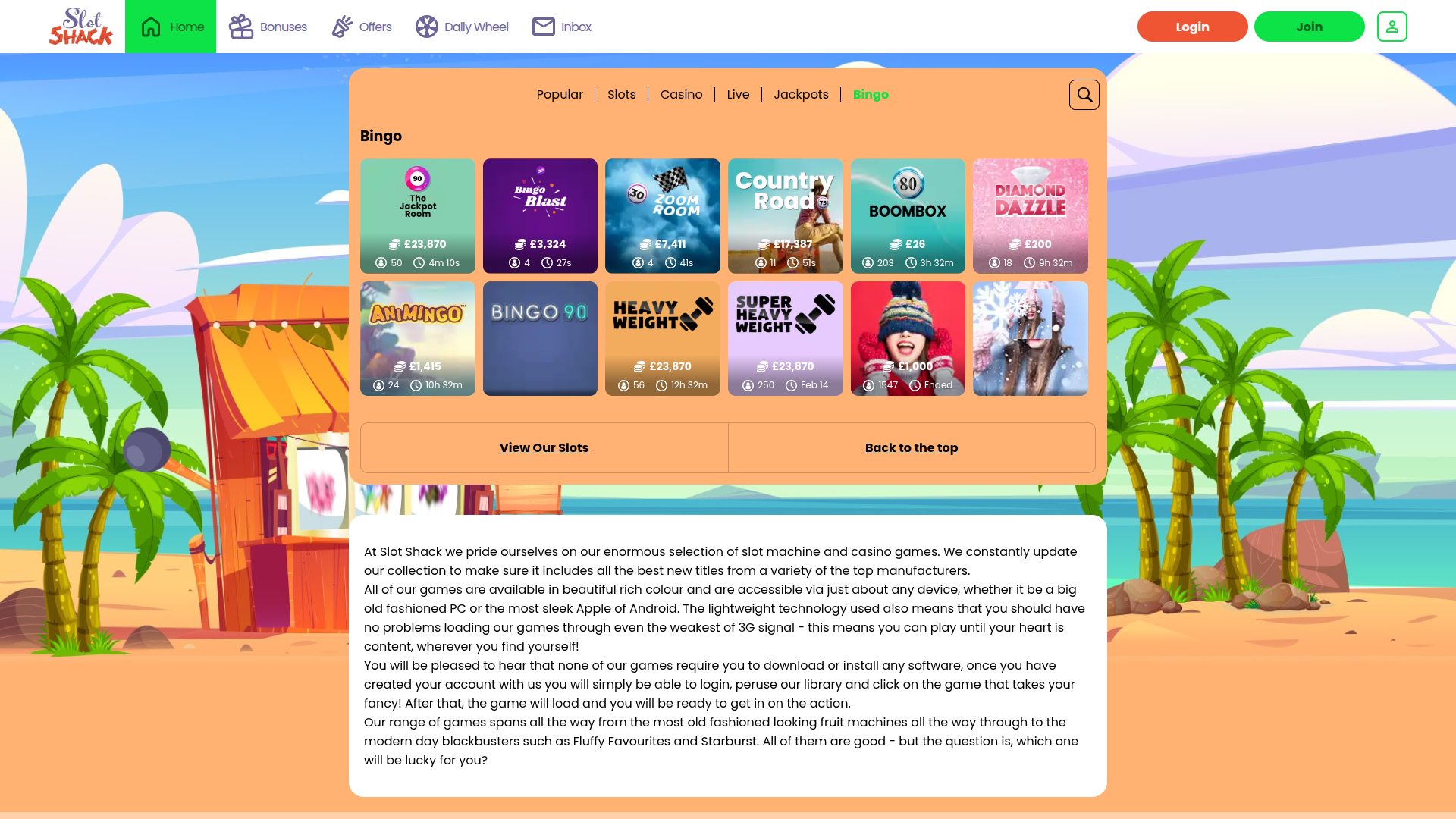 Slot Shack Casino Desktop Bingo