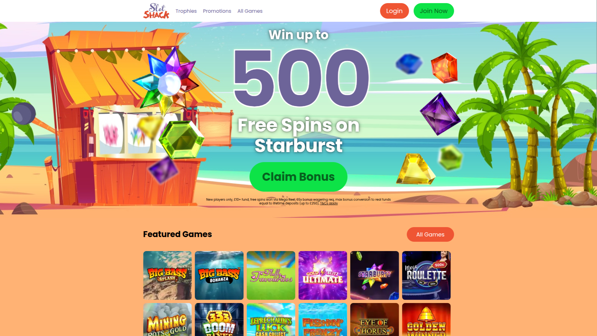 Homepage desktop di Slot Shack Casino