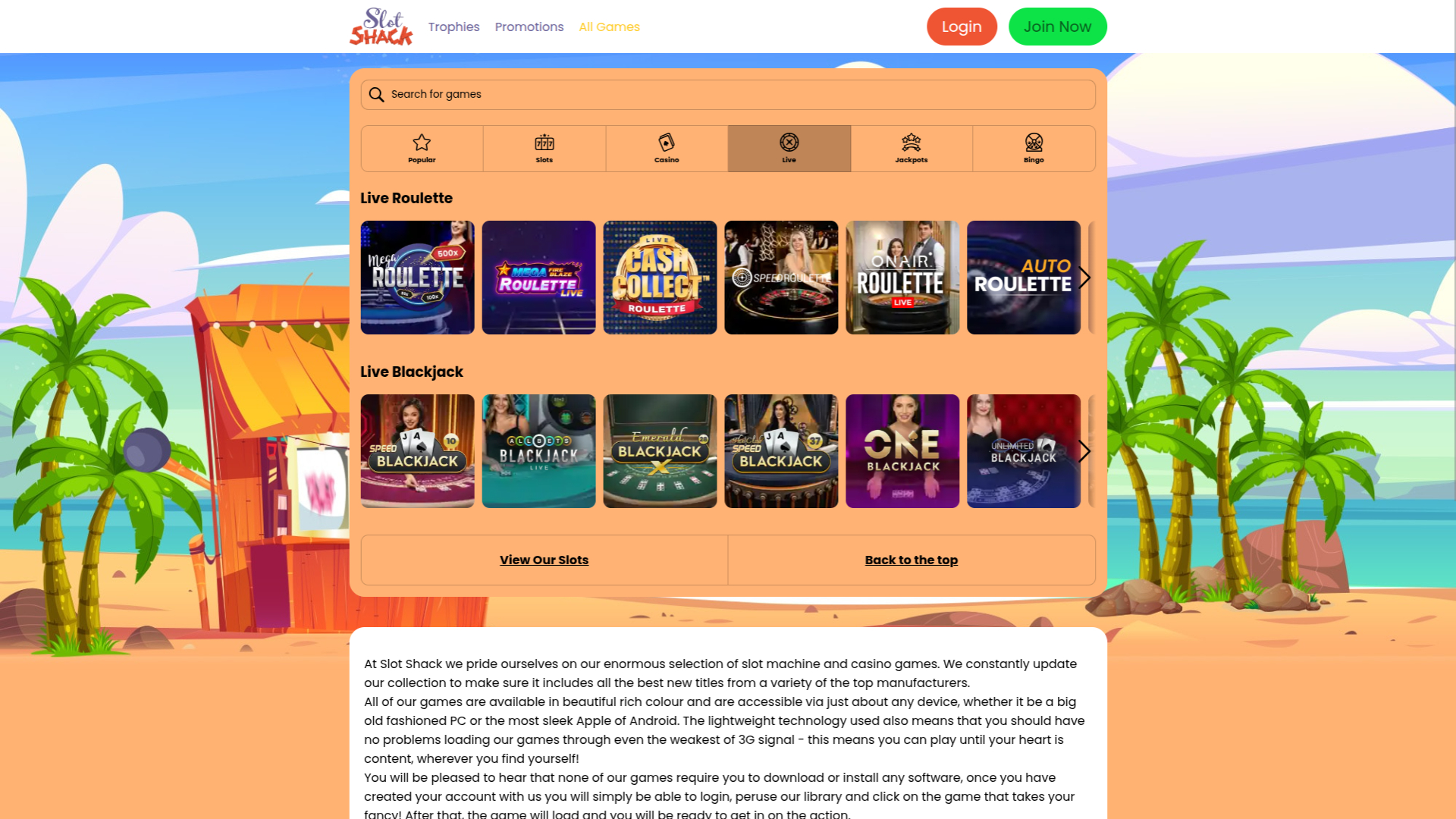 Casinò con croupier dal vivo desktop di Slot Shack Casino