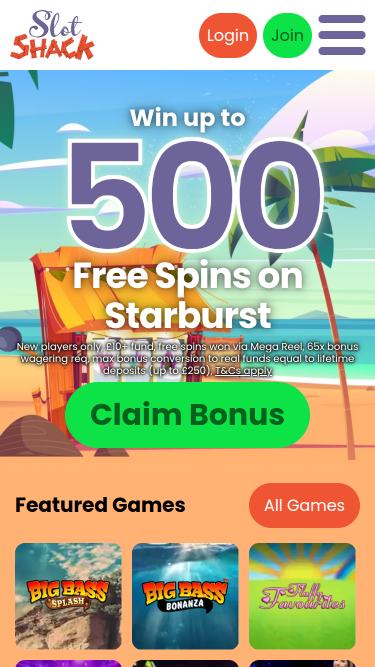 Homepage mobile di Slot Shack Casino