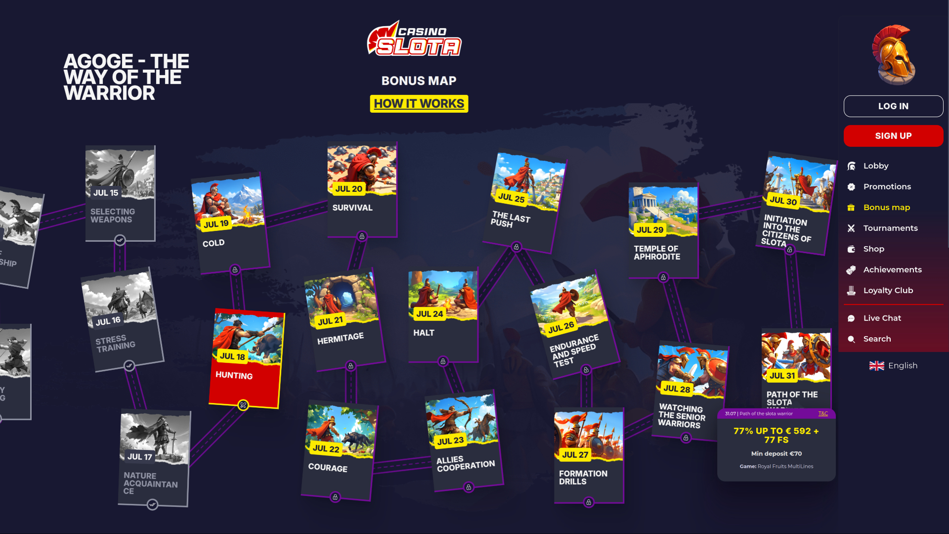 Carte des bonus sur bureau de Slota Casino