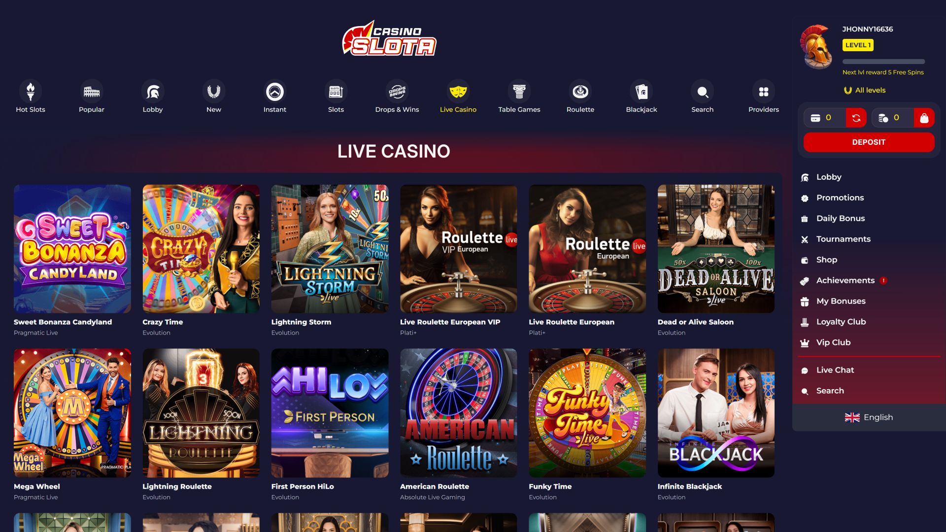 Slota Casino Desktop Live Dealer
