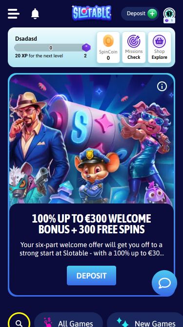 Página inicial do Slotable Casino para dispositivos móveis