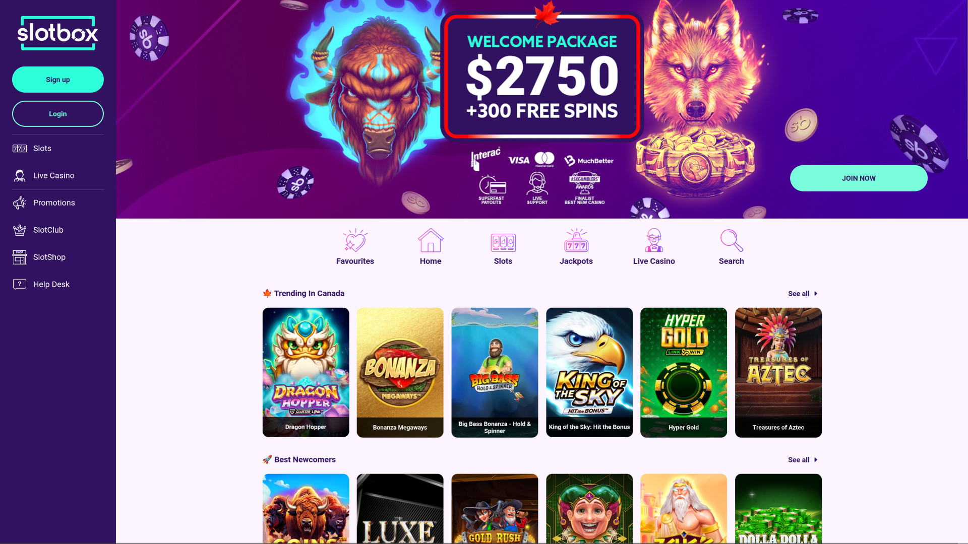 Page d'accueil de bureau de Slotbox Casino