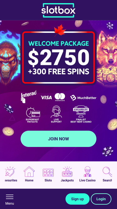 Page d'accueil mobile de Slotbox Casino