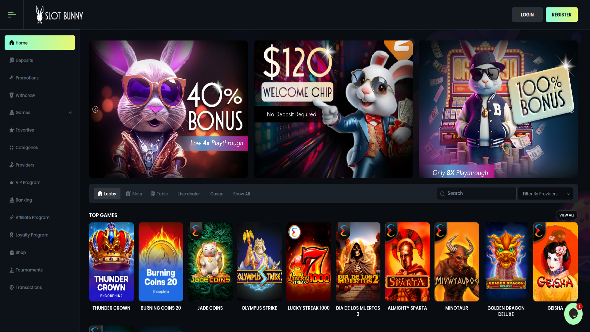 Homepage of SlotBunny Casino for Desktop
