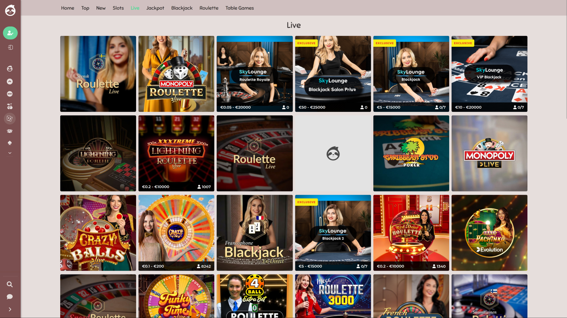 Casino Slothino pour ordinateur avec croupier en direct