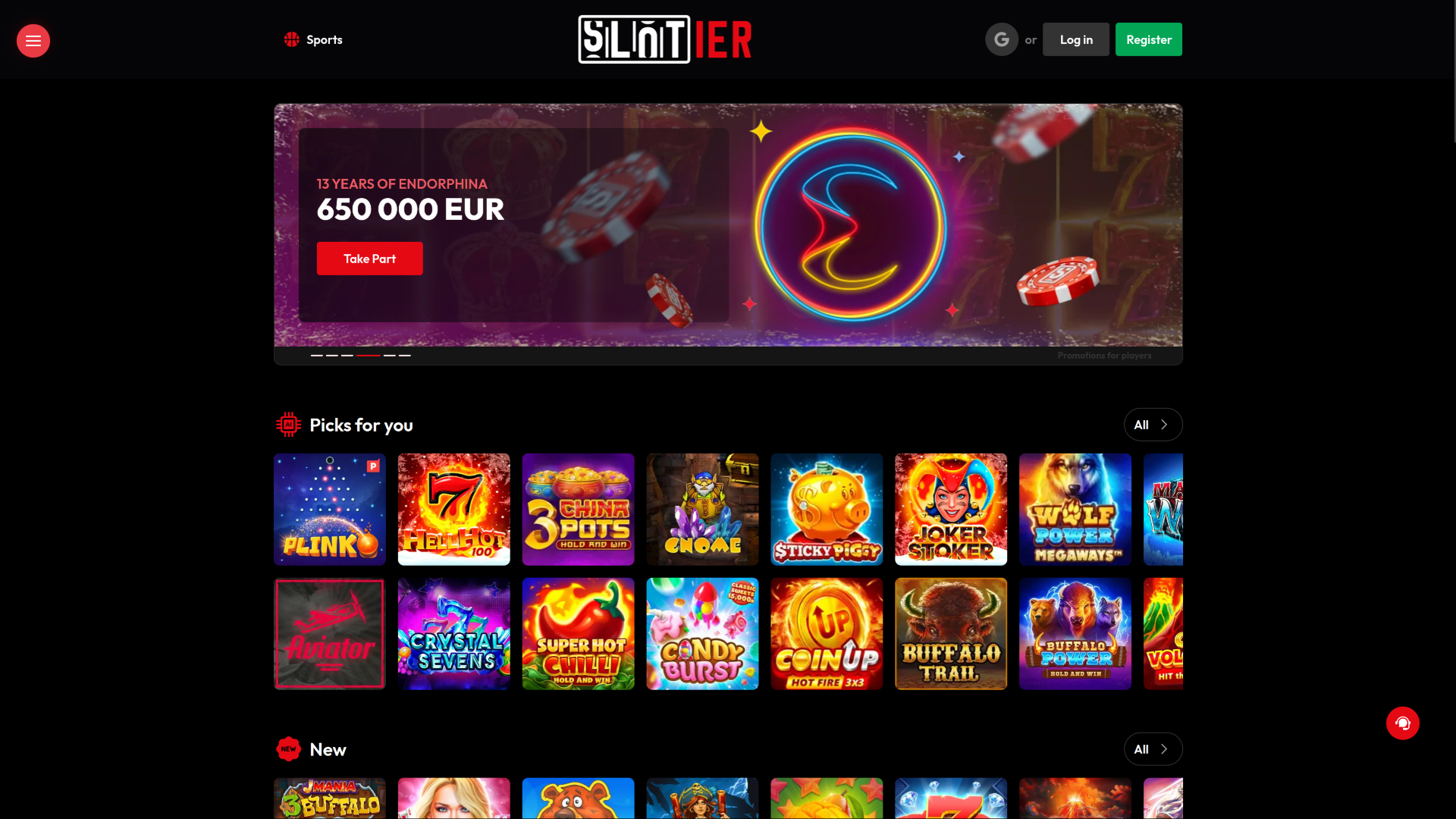 Página de inicio de escritorio de Slotier Casino