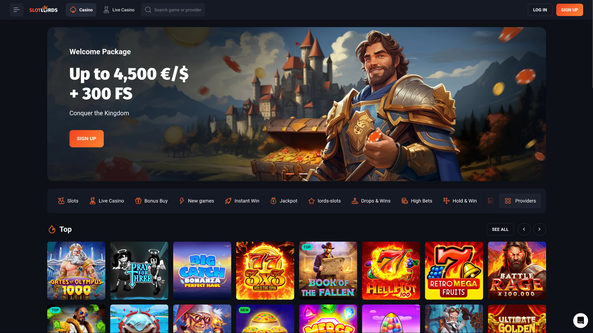 Page d’accueil de bureau de SlotLords Casino