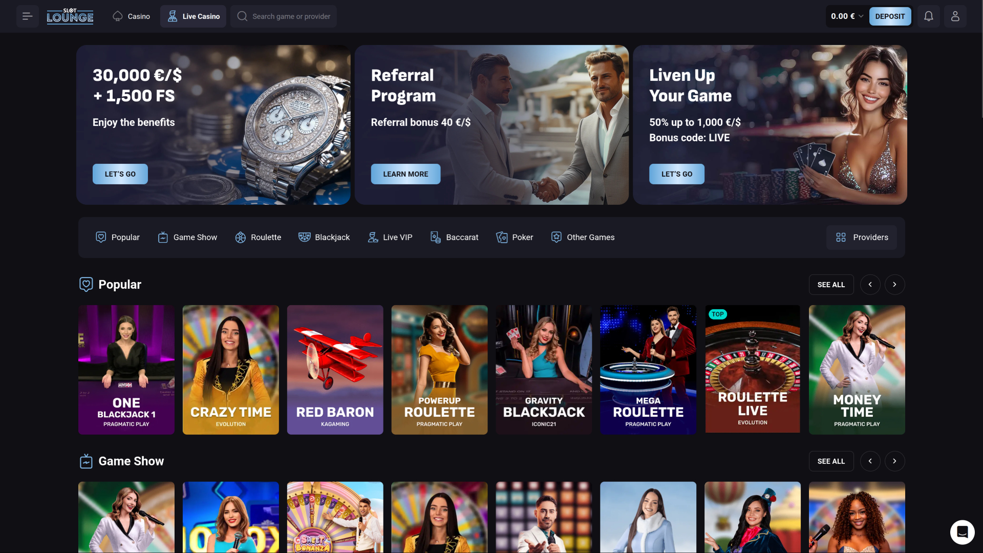 Casino SlotLounge sur ordinateur avec croupier en direct