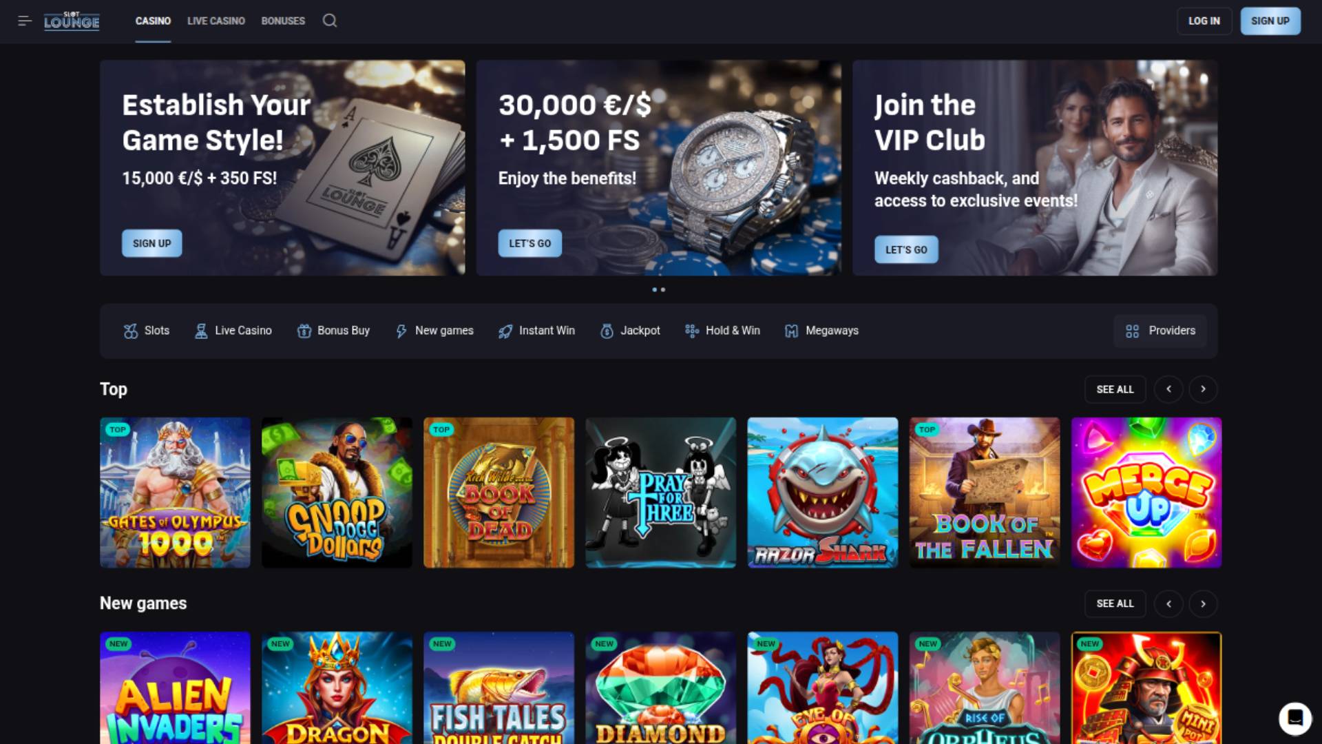 Homepage-Screenshot von SlotLounge Casino