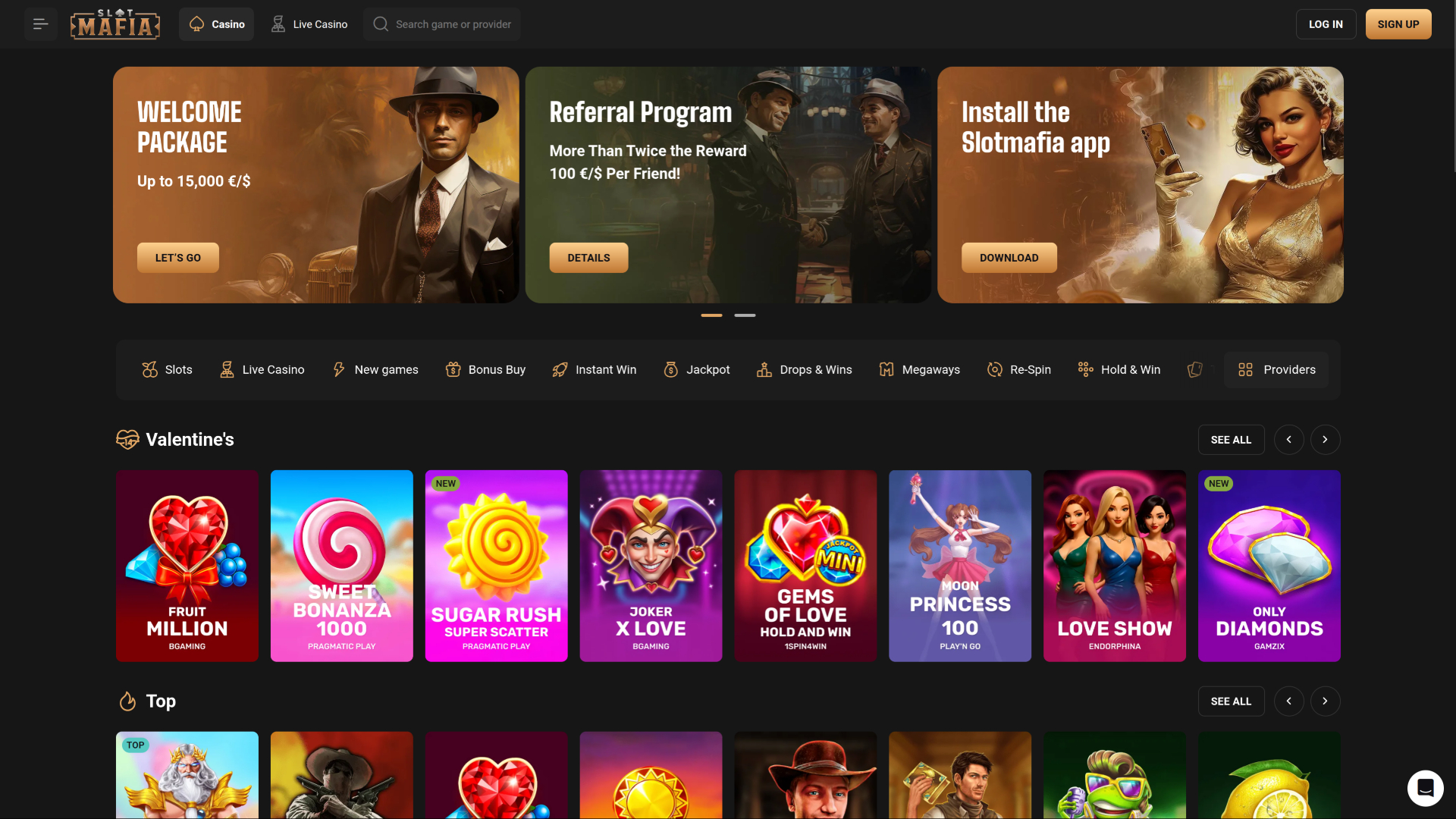 Page d'accueil du casino SlotMafia pour ordinateur