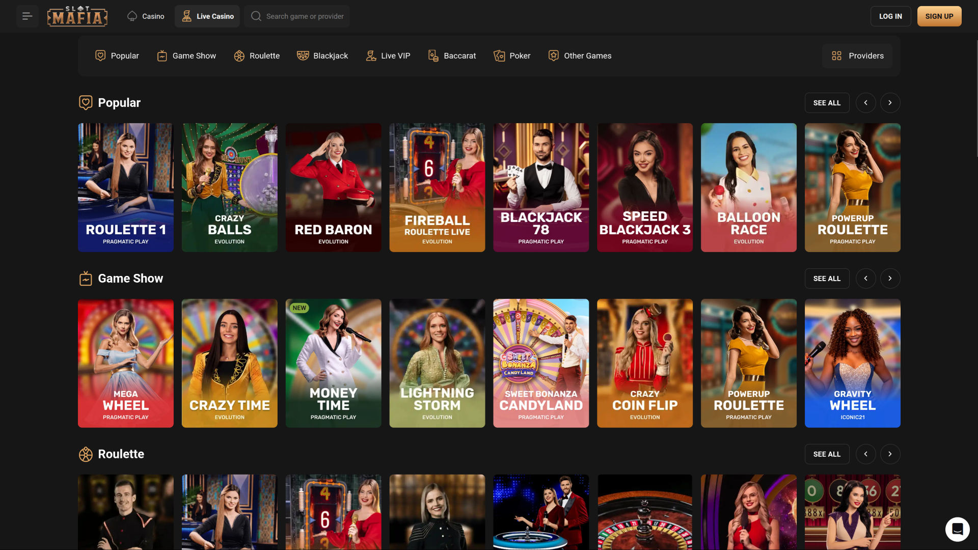 Casino SlotMafia sur ordinateur avec croupier en direct