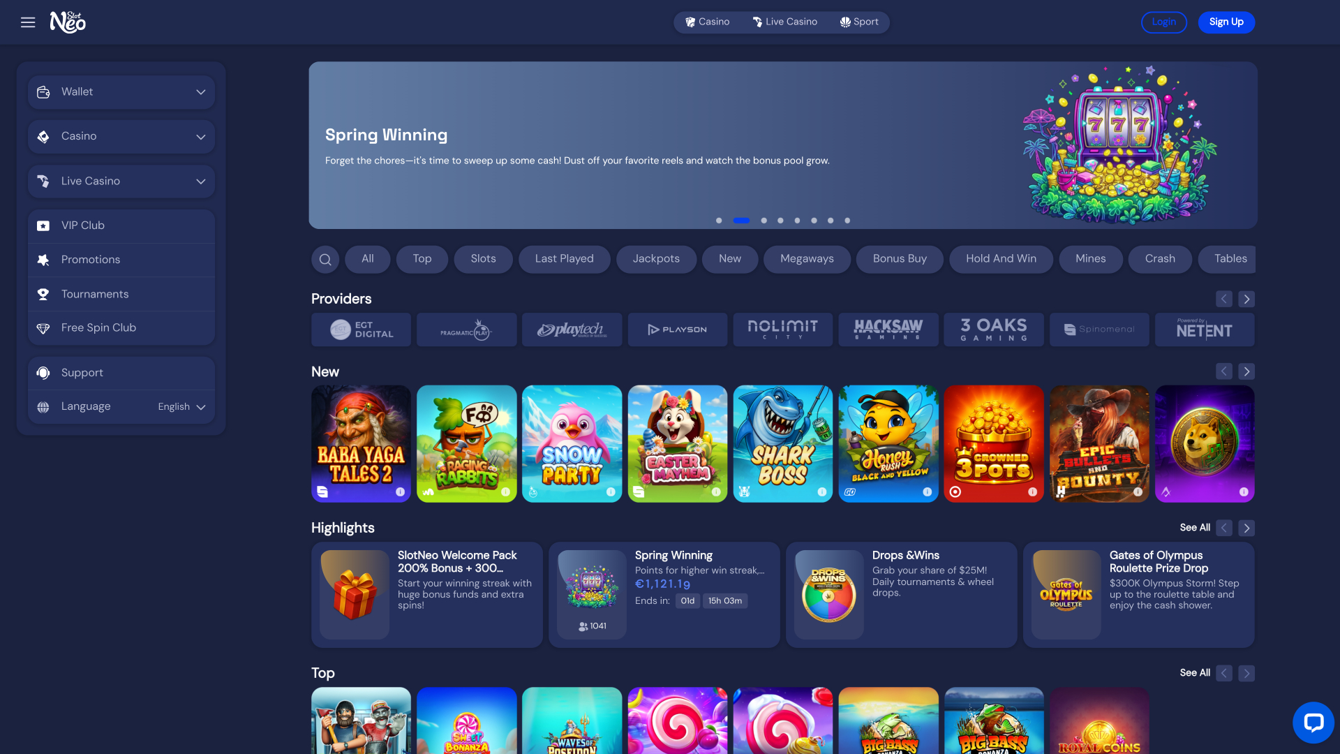 SlotNeo Casino Homepage