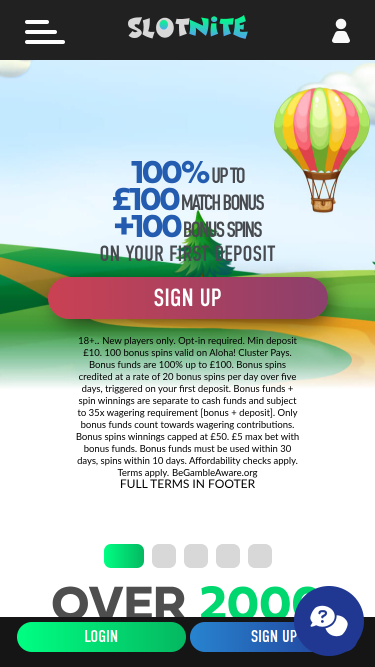 Page d'accueil mobile de Slotnite Casino