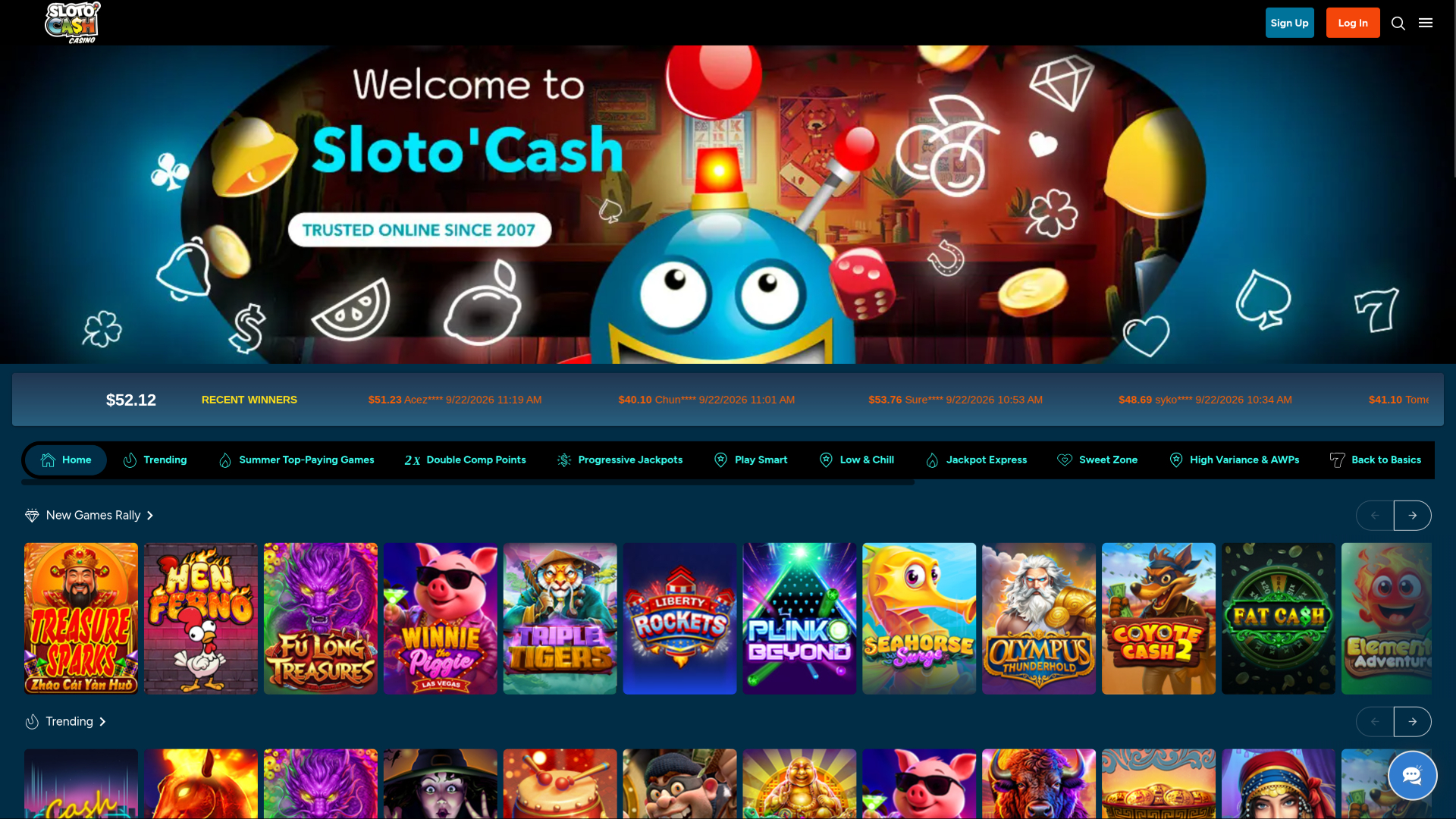 Pagina iniziale di SlotoCash per desktop