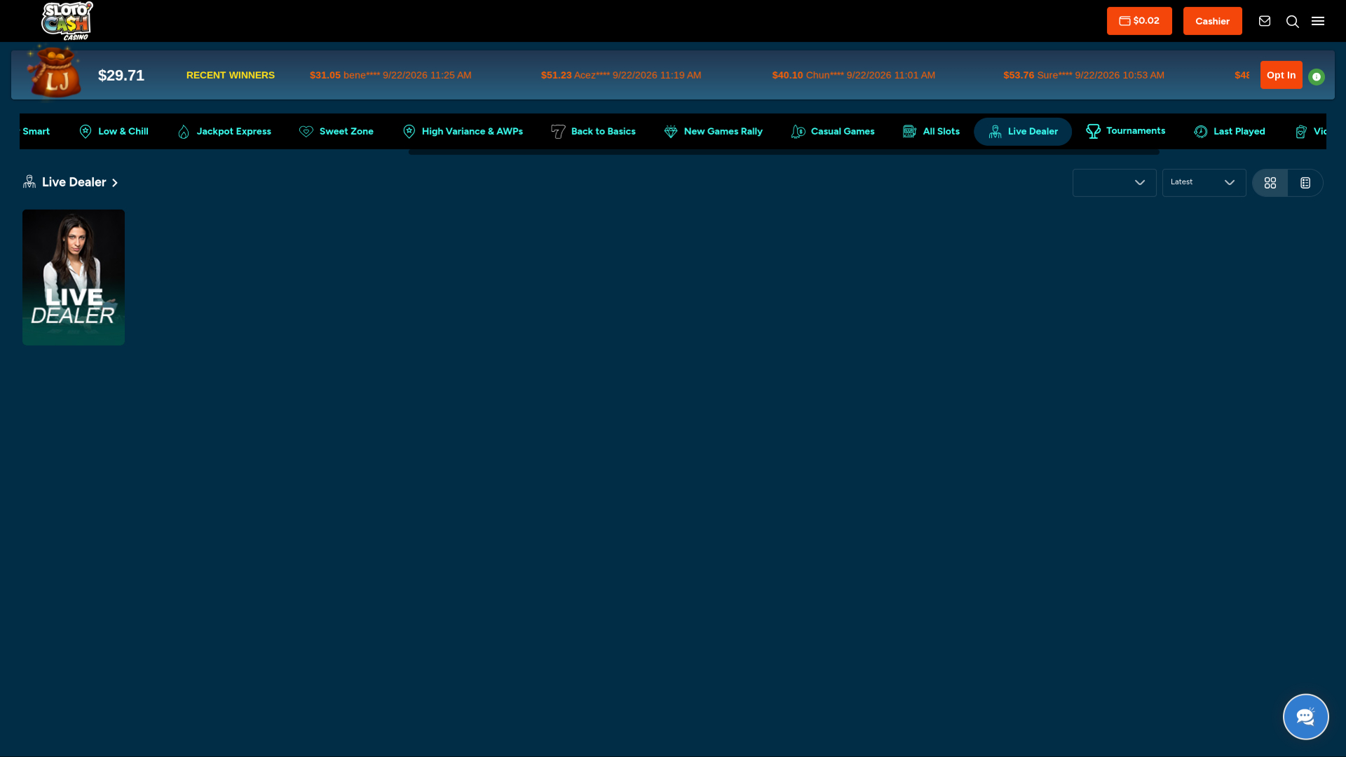 Croupier dal vivo su desktop di SlotoCash