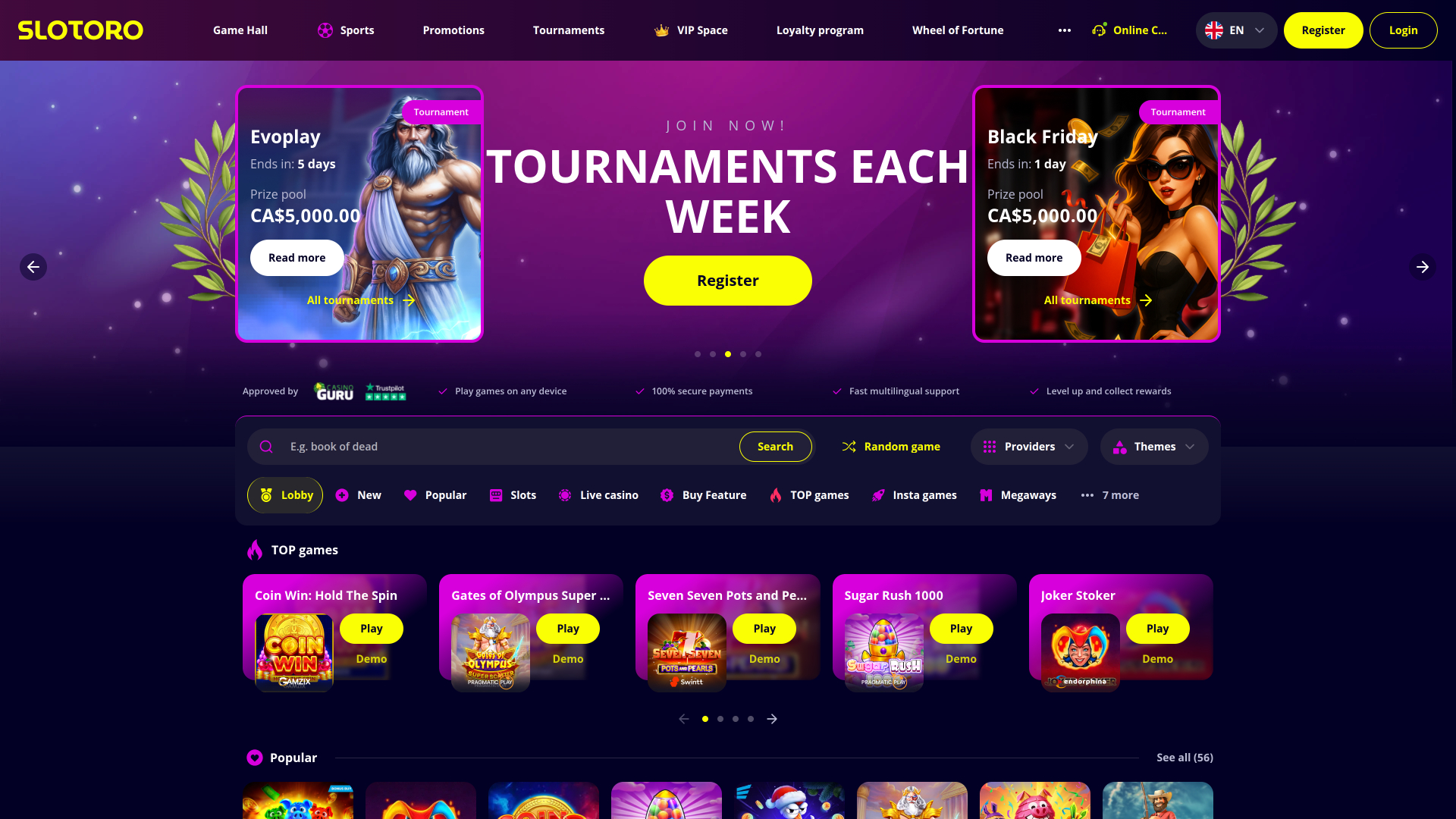 Slotoro Casino Homepage Desktop