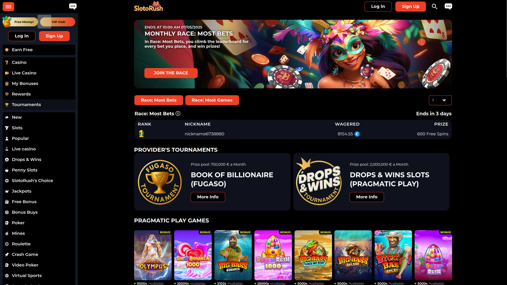 Tornei desktop di SlotoRush Casino