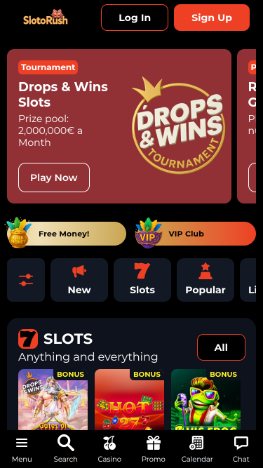 Homepage mobile di SlotoRush Casino