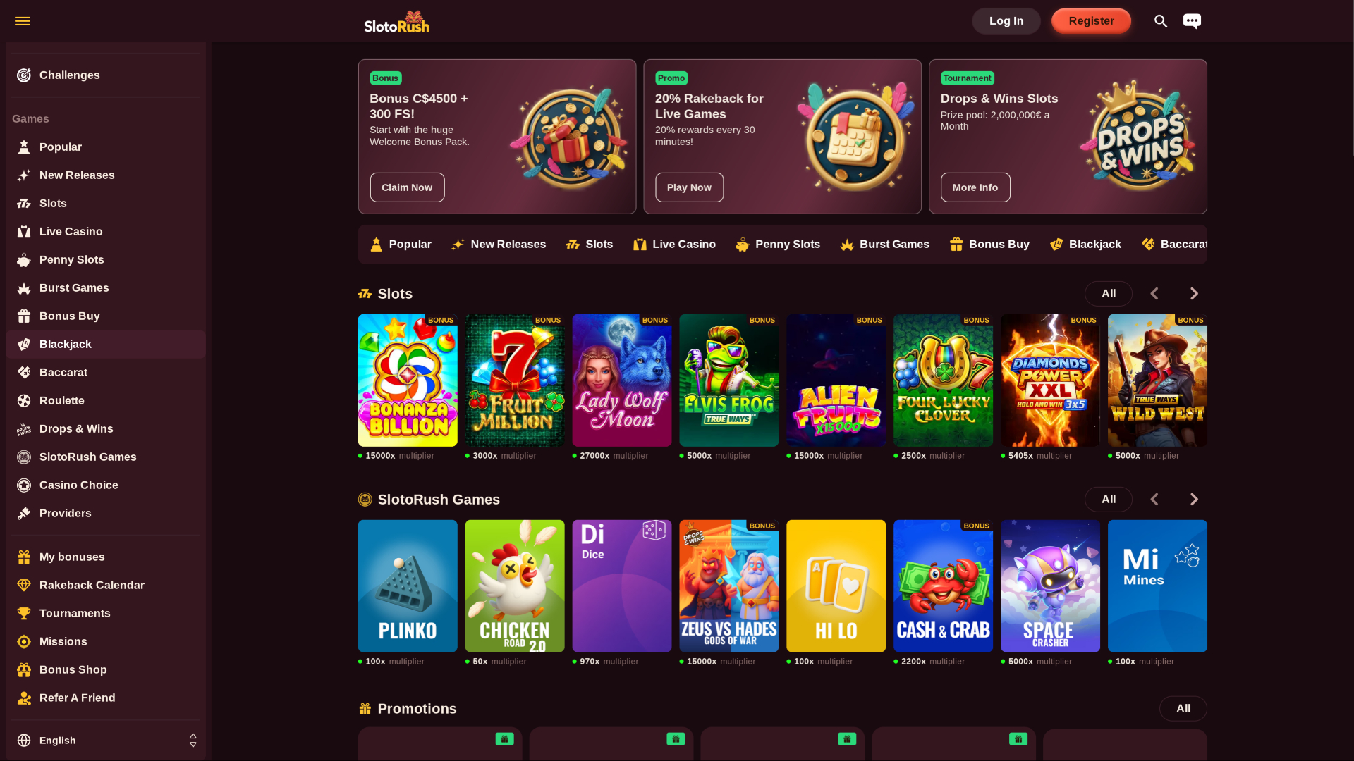 Pagina iniziale di SlotoRush per desktop