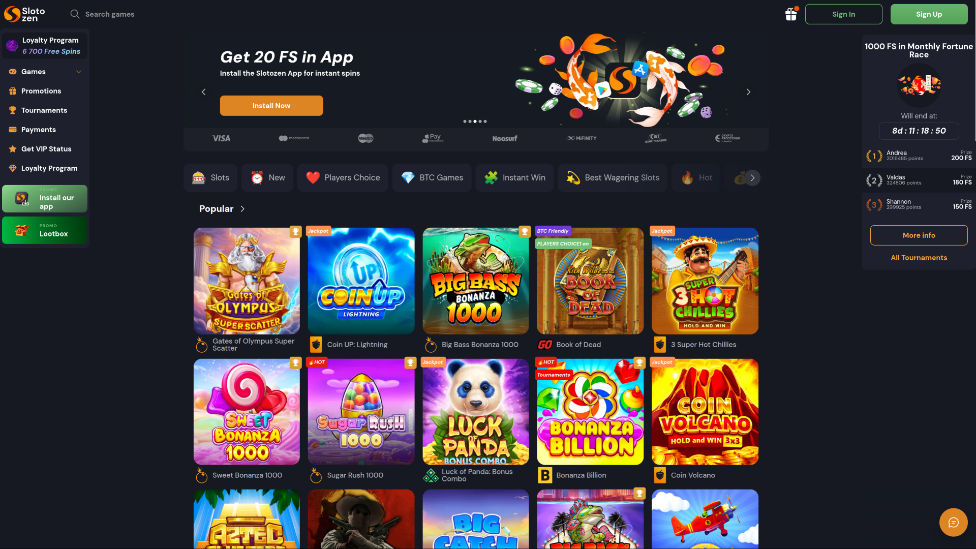 Slotozen Casino Desktop Homepage