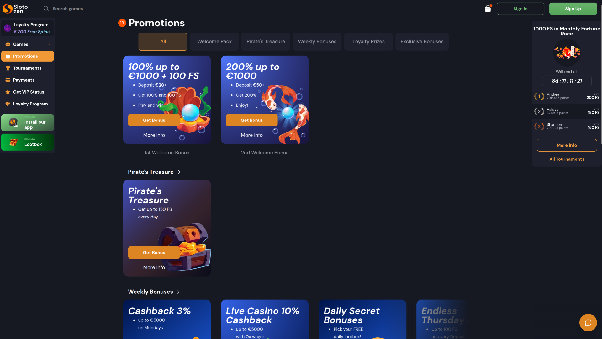 Slotozen Casino Desktop Promotions
