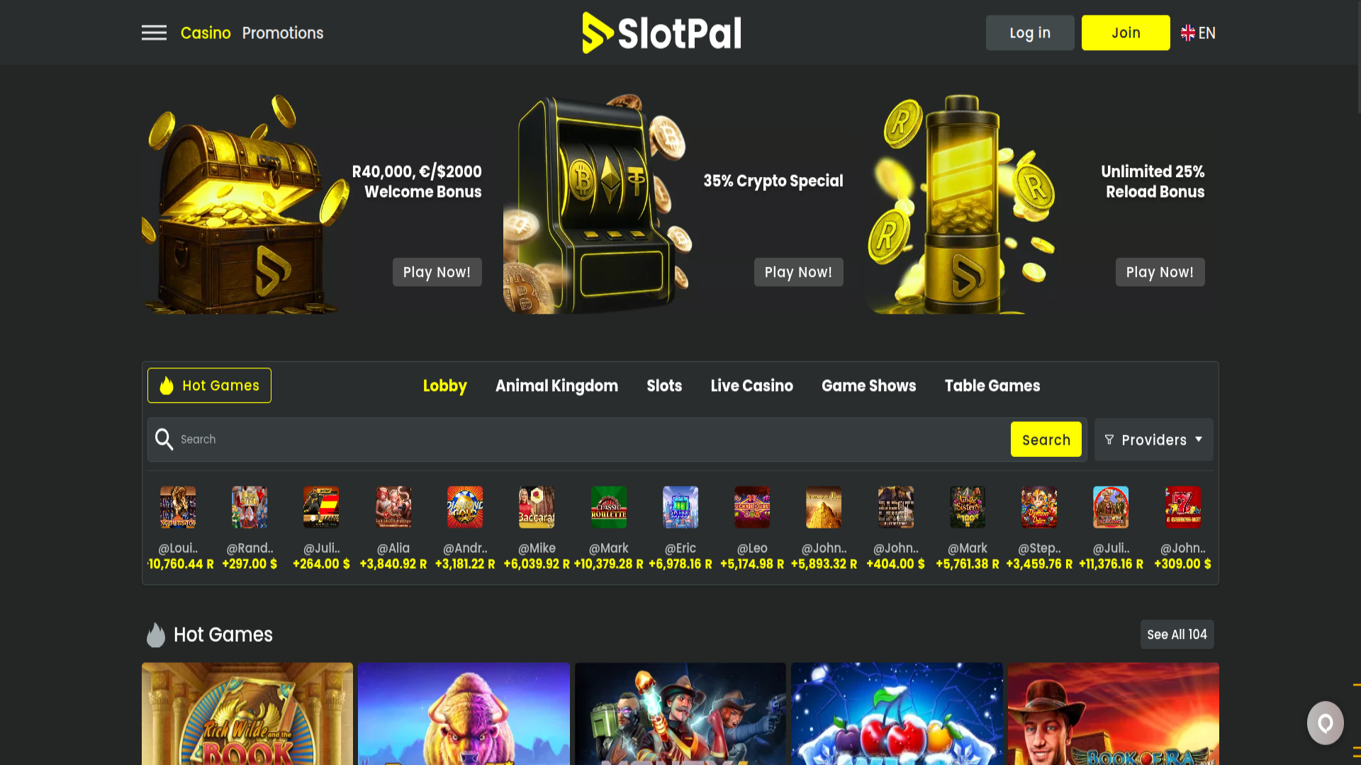 Screenshot der Startseite von Slotpal Casino für Desktop