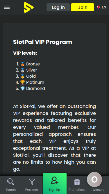 VIP-Screenshot von Slotpal Casino für Mobilgeräte