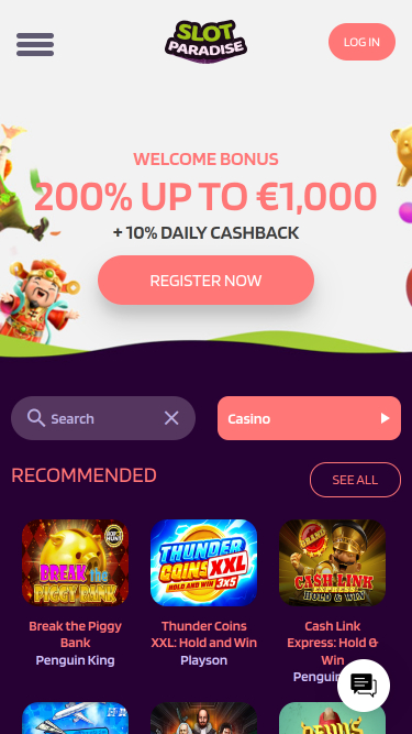 Página de inicio móvil de SlotParadise Casino