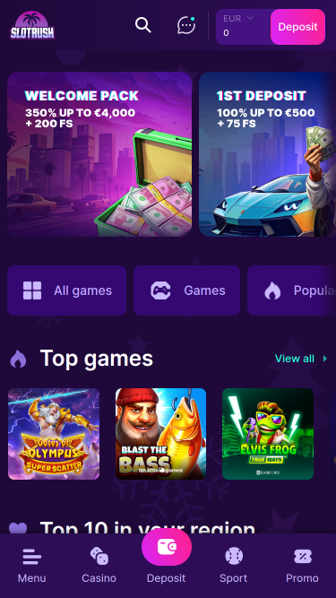 Page d'accueil mobile du casino SlotRush