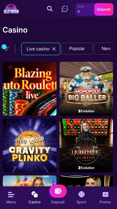 Casino mobile SlotRush avec croupier en direct