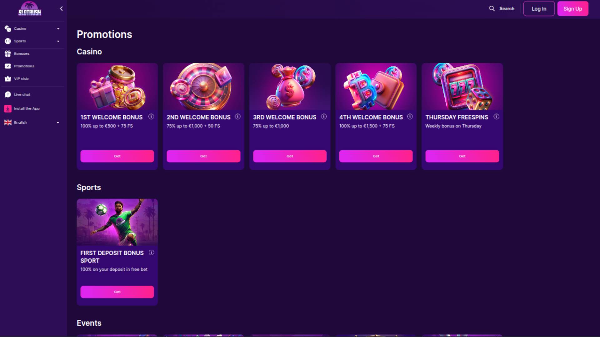 Promotions page screenshot of SlotRush Casino