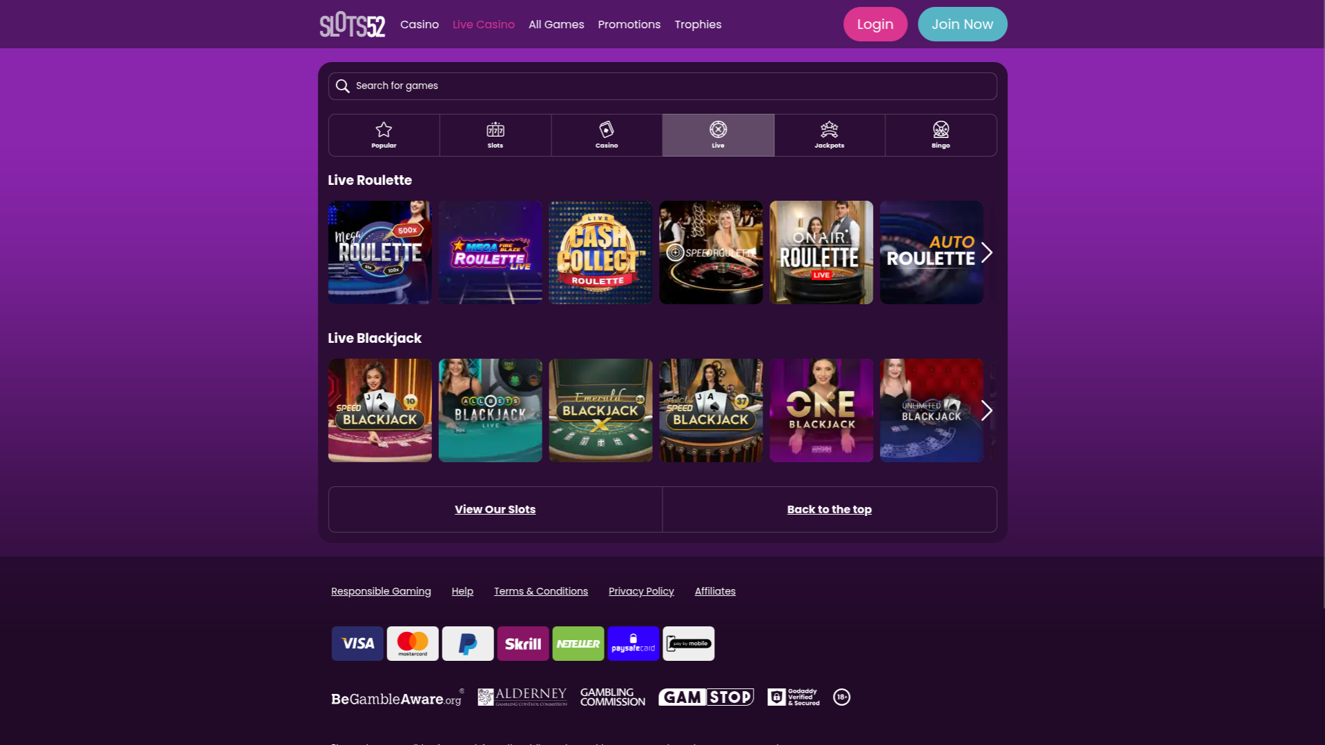 Slots52 Casino Desktop-Live-Dealer