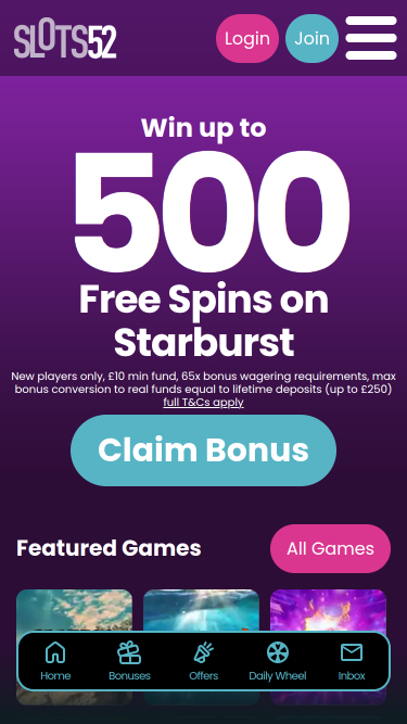 Slots52 Casino mobile Startseite